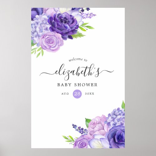 Ultra Violet Watercolor Floral Baby Shower Welcome Poster