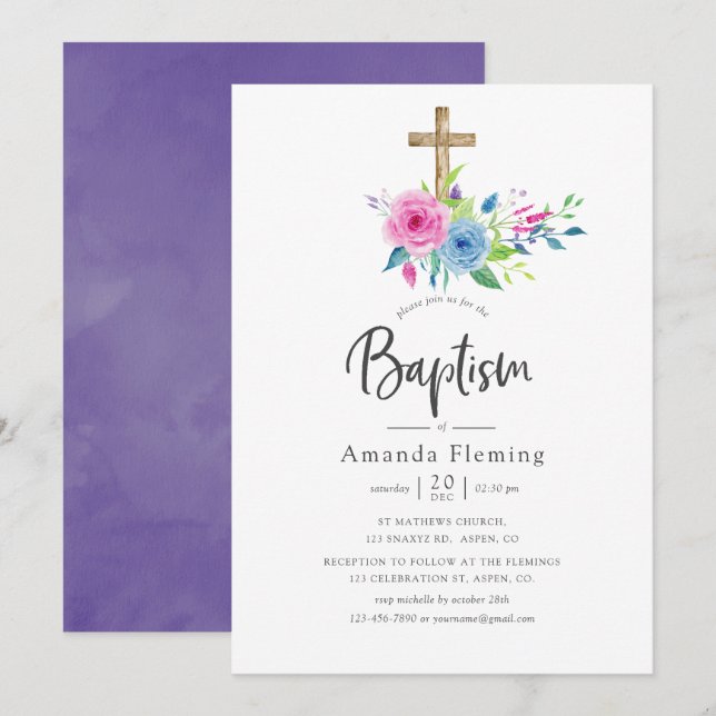 Ultra Violet Watercolor Floral Baptism Invitation (Front/Back)