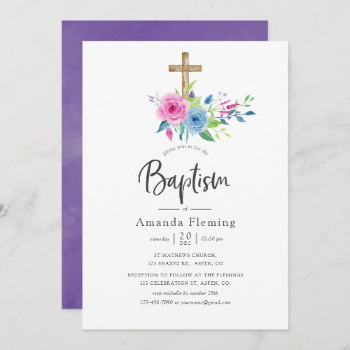 Ultra Violet Watercolor Floral Baptism Invitation