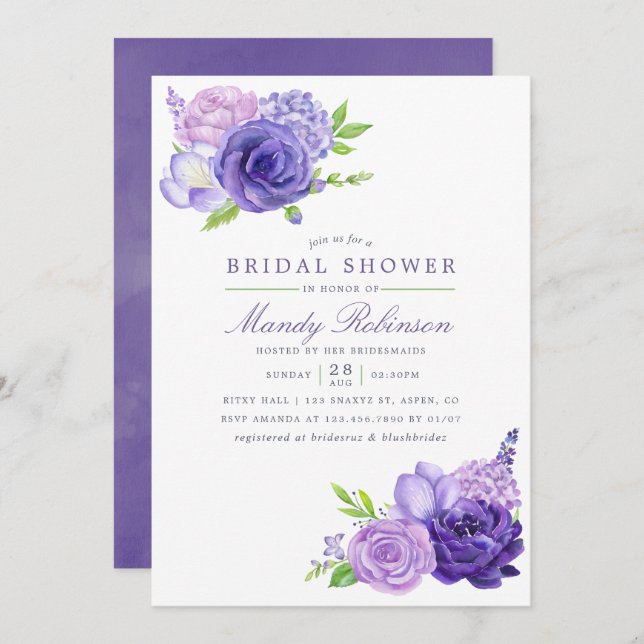 Ultra Violet Watercolor Floral Bridal Shower Invitation (Front/Back)