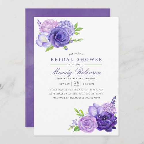 Ultra Violet Watercolor Floral Bridal Shower Invitation