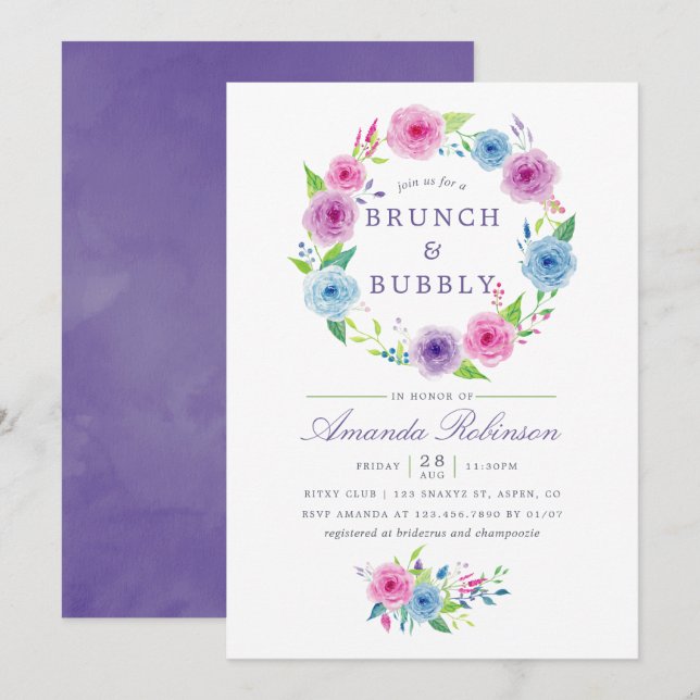 Ultra Violet Watercolor Floral Brunch and Bubbly Invitation (Front/Back)