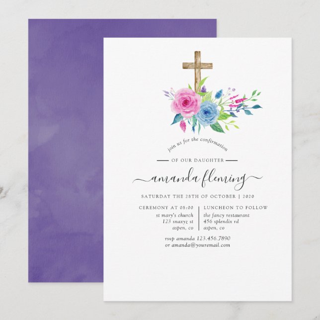 Ultra Violet Watercolor Floral Confirmation Invitation (Front/Back)