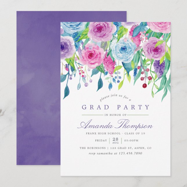Ultra Violet Watercolor Floral Graduation Party Invitation (Front/Back)