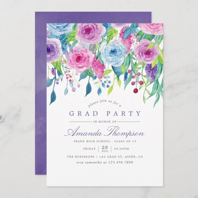 Ultra Violet Watercolor Floral Graduation Party Invitation (Front/Back)