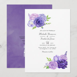 Ultra Violet Watercolor Floral QR Code Wedding Invitation