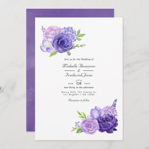 Ultra Violet Watercolor Floral QR Code Wedding Invitation