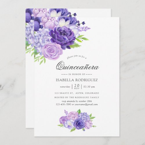 Ultra Violet Watercolor Floral Quinceaera Invitat Invitation