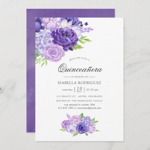 Ultra Violet Watercolor Floral Quinceaera Invitation