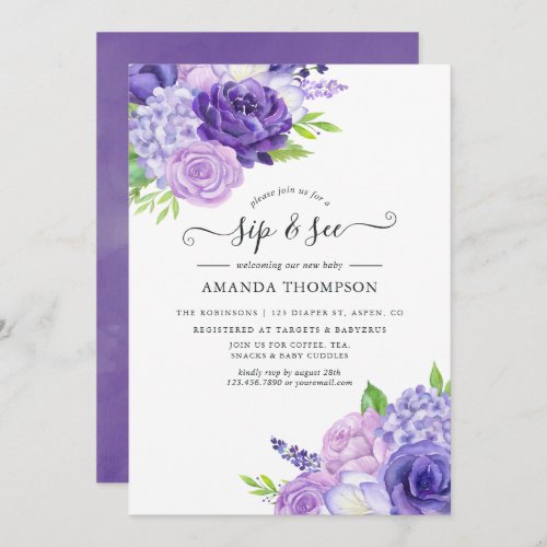 Ultra Violet Watercolor Floral Sip and See Invitat Invitation