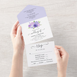 Ultra Violet Watercolor Floral Wedding All In One Invitation