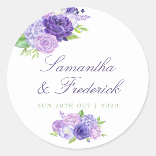 Ultra Violet Watercolor Floral Wedding Classic Round Sticker