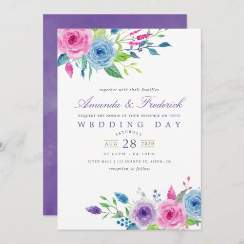 Ultra Violet Watercolor Floral Wedding Invitation