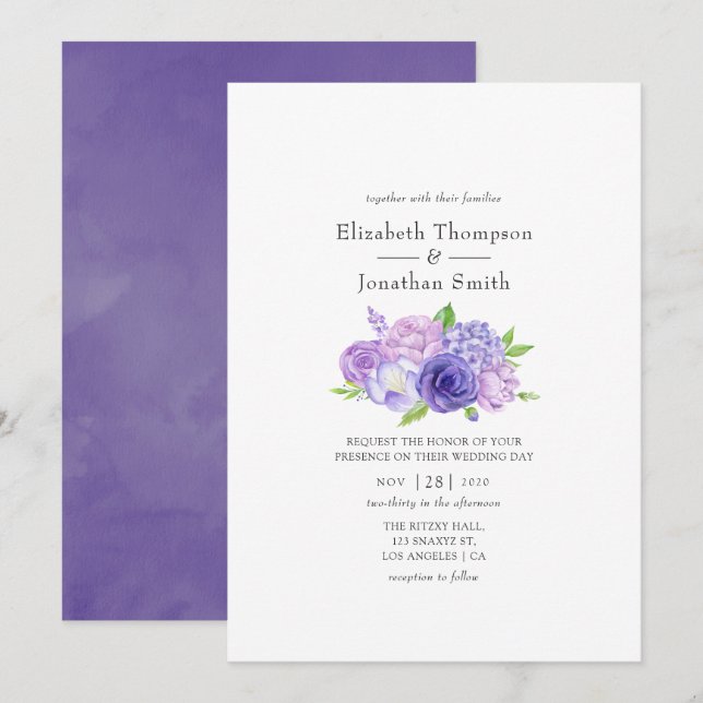 Ultra Violet Watercolor Floral Wedding Invitation (Front/Back)