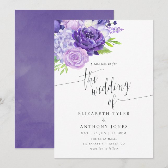 Ultra Violet Watercolor Floral Wedding Invitation (Front/Back)