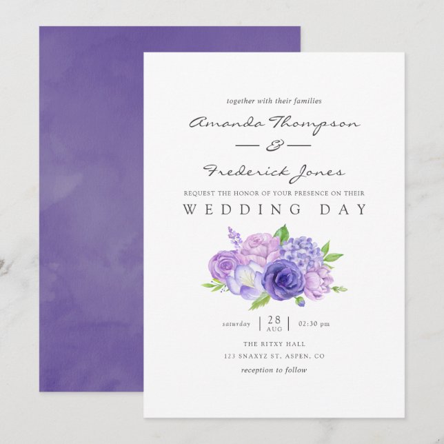Ultra Violet Watercolor Floral Wedding Invitation (Front/Back)