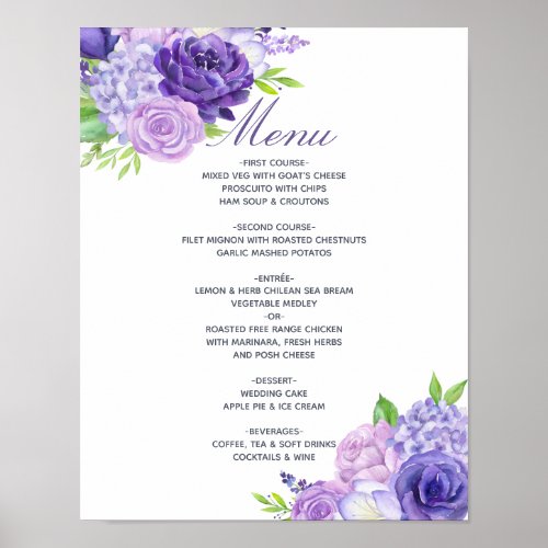 Ultra Violet Watercolor Floral Wedding Menu Poster