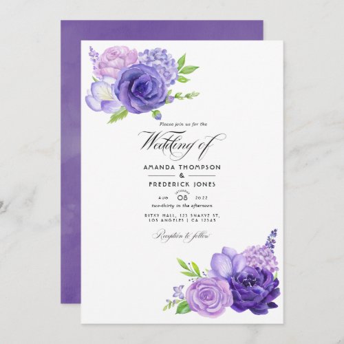 Ultra Violet Watercolor Floral Wedding Photo Invitation