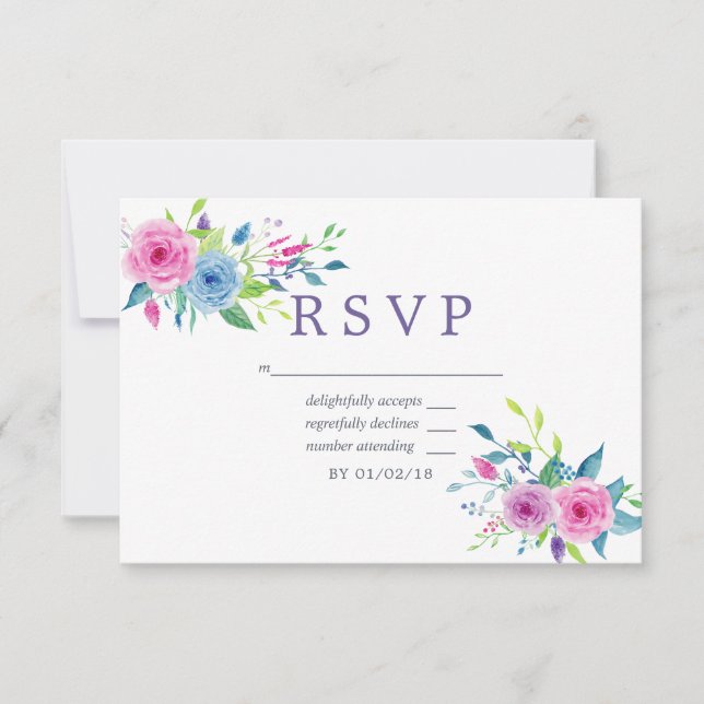 Ultra Violet Watercolor Floral Wedding RSVP Card (Front)