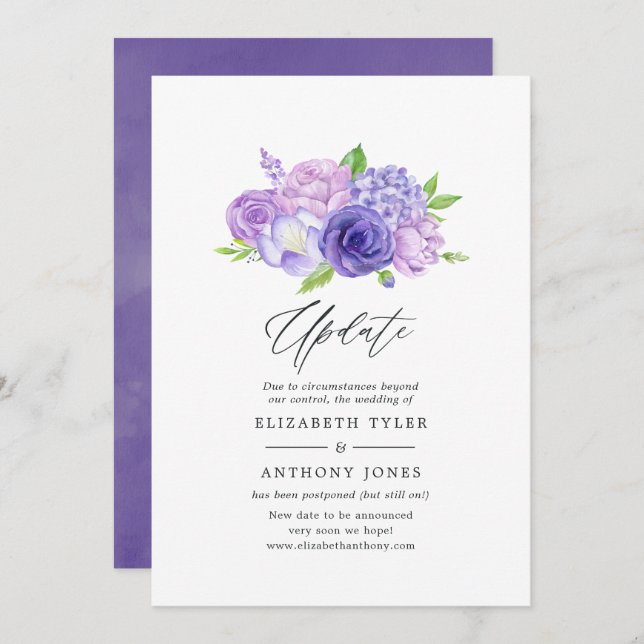 Ultra Violet Watercolor Floral Wedding Update Invitation (Front/Back)