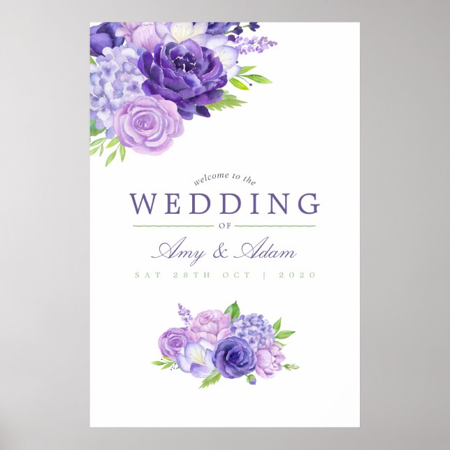 Ultra Violet Watercolor Floral Wedding Welcome Poster (Front)