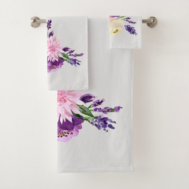 Ultra Violet Watercolor Flowers Bath Towel Set (Insitu)