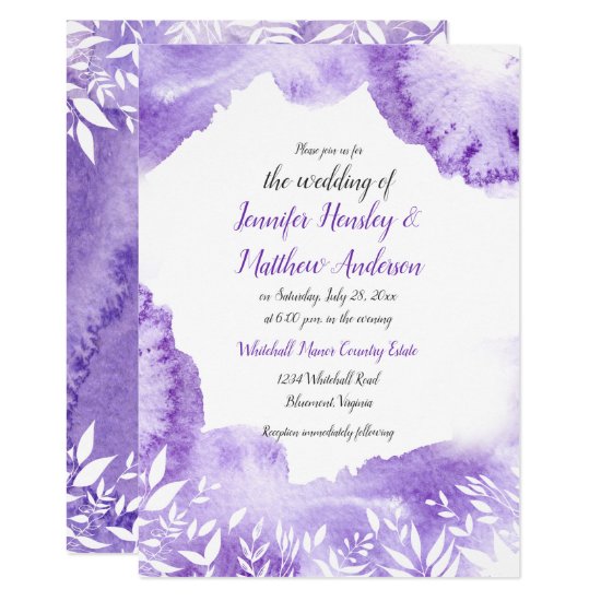Ultra Violet Watercolor Splash White Leaf Overlays Invitation