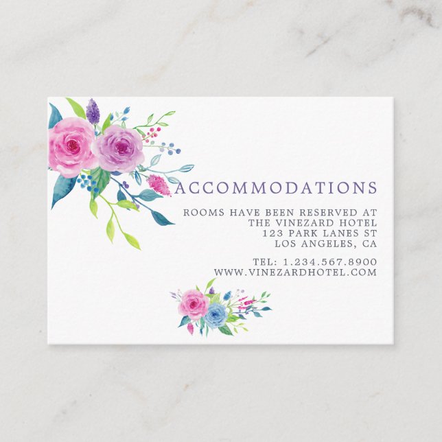 Ultra Violet Watercolor Wedding Accommodations Enclosure Card (Front)