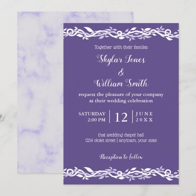 Ultra Violet Wedding Simple Purple And White Invitation (Front/Back)