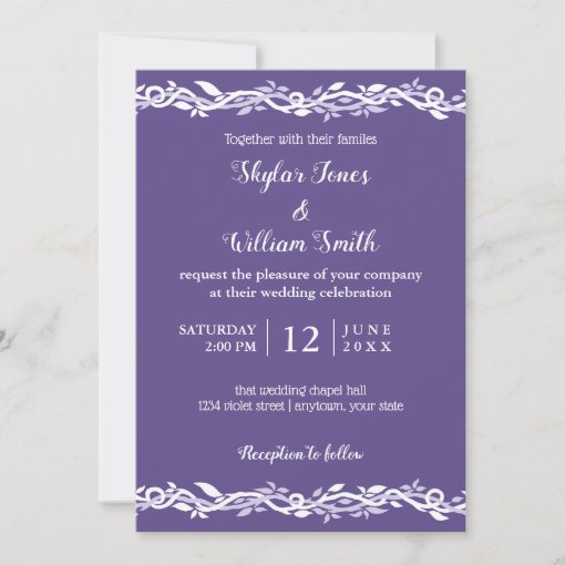 Ultra Violet Wedding Simple Purple And White Invitation | Zazzle