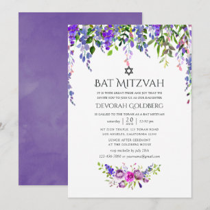 Ultra Violet Wedding Watercolor Floral Bat Mitzvah Invitation