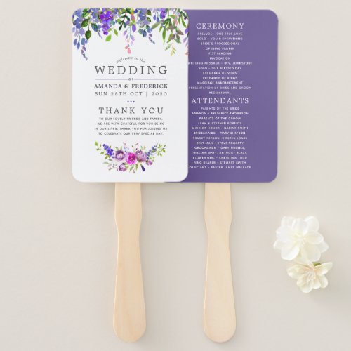 Ultra Violet Wedding Watercolor Floral Program Hand Fan