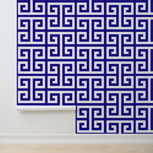 Ultramarine and White Large Greek Key Wallpaper