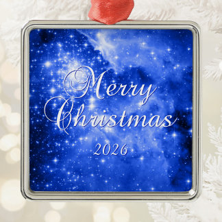Ultramarine Blue Stars Merry Christmas Metal Ornament