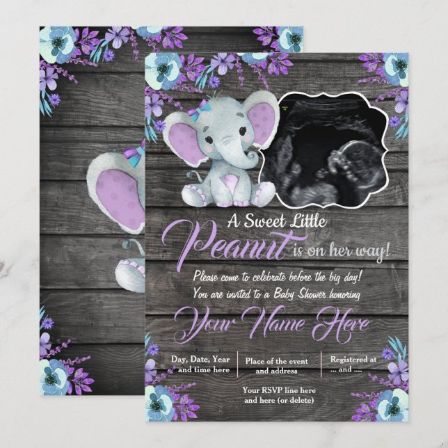 Ultrasound Elephant Baby Shower Invitation, rustic Invitation (Front/Back)