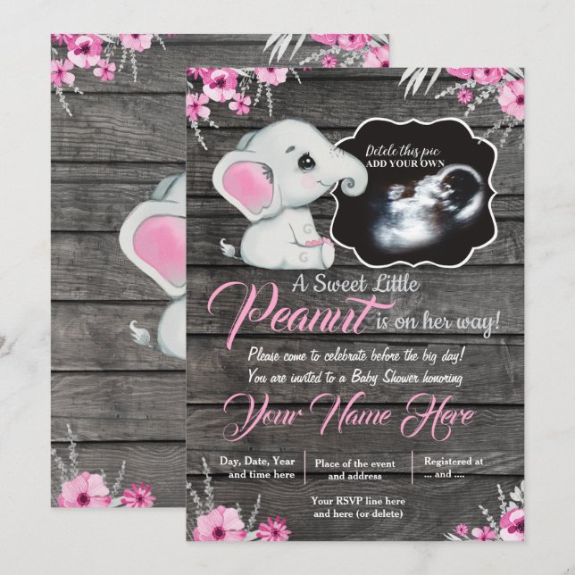 Ultrasound Elephant Baby Shower Invitation, rustic Invitation (Front/Back)
