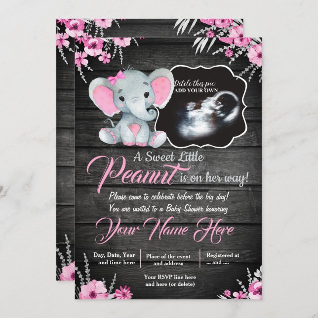 Ultrasound Elephant Baby Shower Invitation, rustic Invitation (Front/Back)