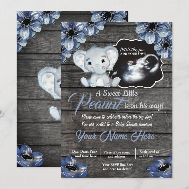Ultrasound Elephant Baby Shower Invitation, rustic Invitation (Front/Back)