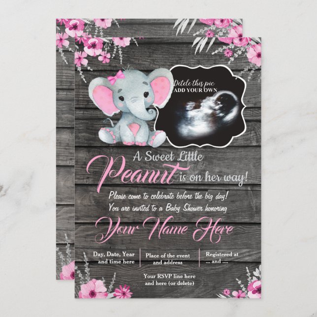 Ultrasound Elephant Baby Shower Invitation, rustic Invitation (Front/Back)