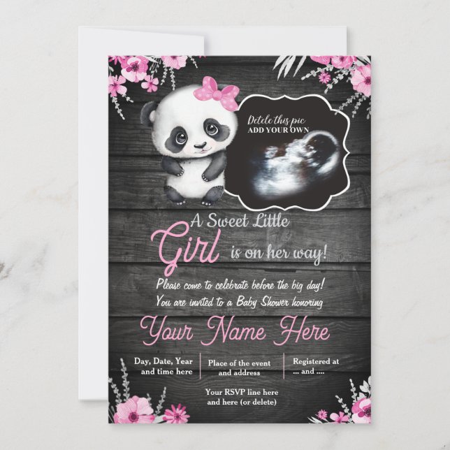 Ultrasound Girl Panda Baby Shower Flowers rustic Invitation (Front)