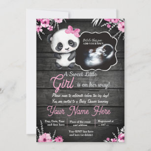 Ultrasound Girl Panda Baby Shower Flowers rustic Invitation