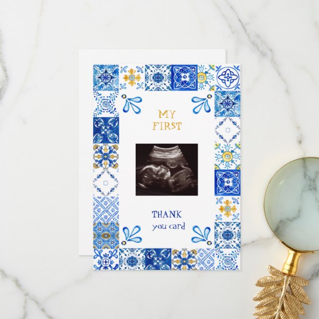 Ultrasound Mediterranean Blue Baby Thank You Funny Card (Front/Back In Situ)
