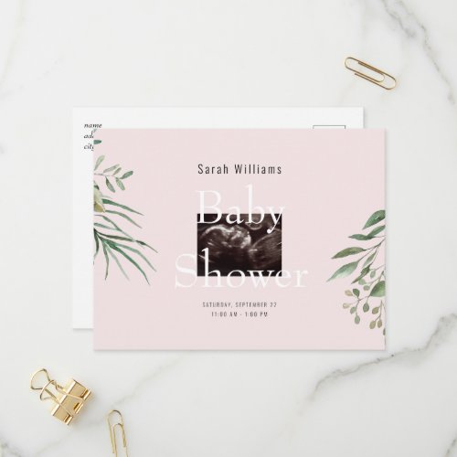 Ultrasound Photo Baby Shower Foliage Pink  Invitation Postcard