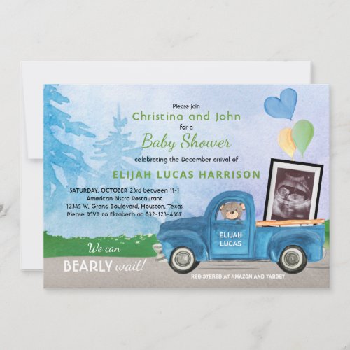 Ultrasound Photo Blue Truck Bear Baby Shower Invitation