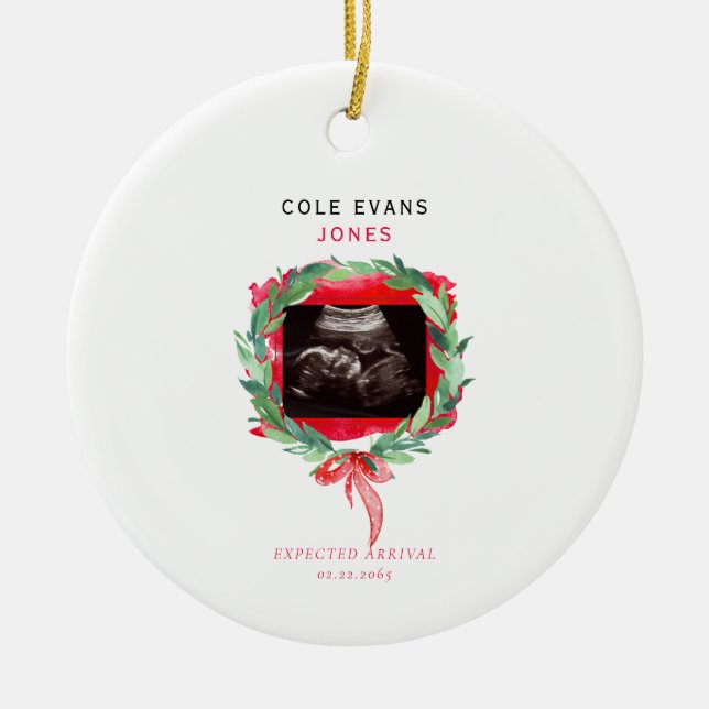 Ultrasound Photo Expected Arrival Christmas Ceramic Ornament (Front)