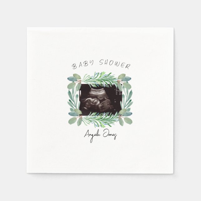 Ultrasound  Photo Greenery Neutral Baby Shower  Napkins (Front)
