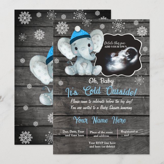 Ultrasound Winter Elephant Baby Shower Invitation  (Front/Back)