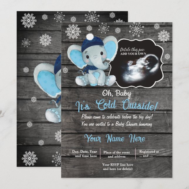 Ultrasound Winter Elephant Baby Shower Invitation  (Front/Back)