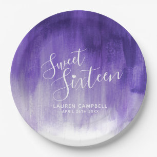 Ultraviolet abstract modern art sweet 16 birthday paper plates