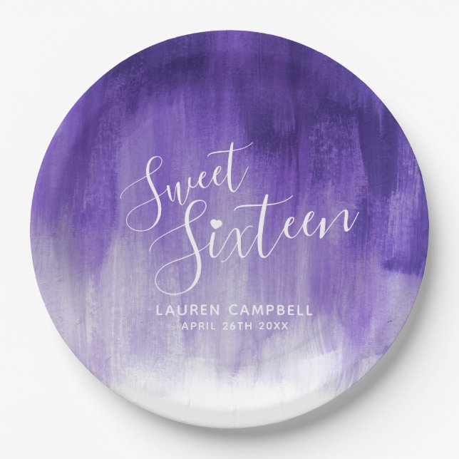 Ultraviolet abstract modern art sweet 16 birthday paper plates (Front)